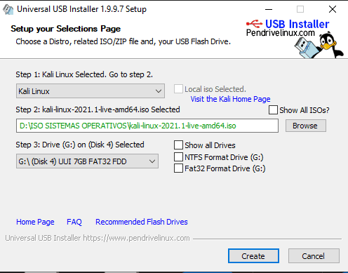 Universal USB Installer preparando una USB booteable de Kali Linux