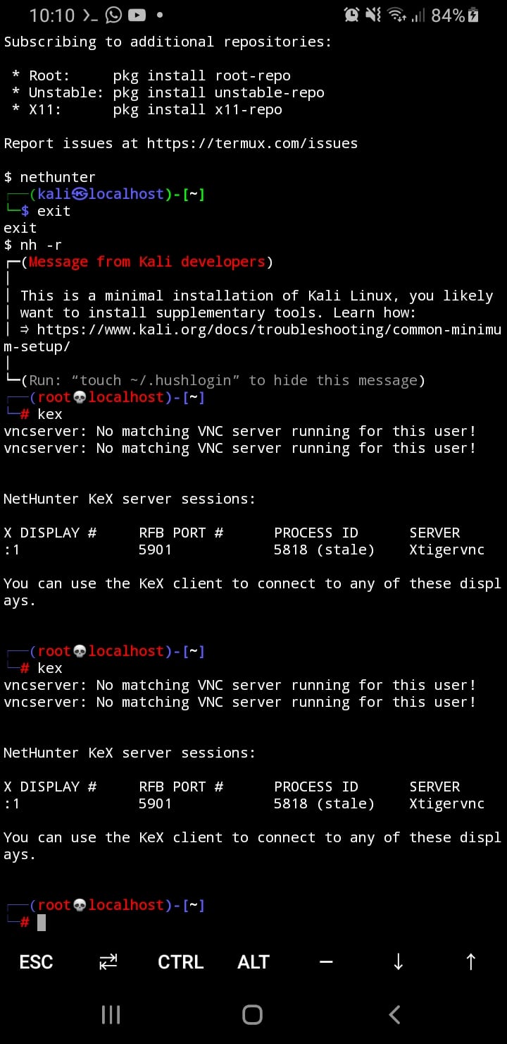 Error de VNC/KeX antes de actualizar en Termux