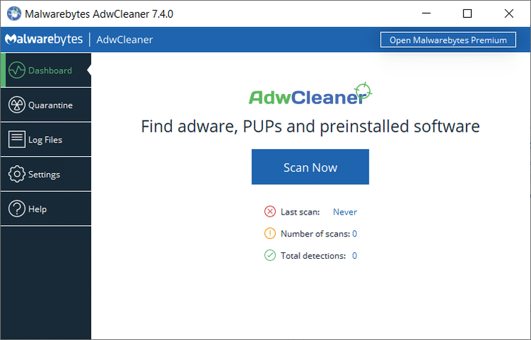 AdwCleaner interfaz principal con botón Scan Now