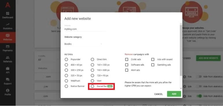 Ejemplo de Social Bar de Adsterra en una web