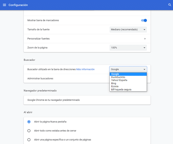 Ajuste del motor de búsqueda predeterminado en Chrome