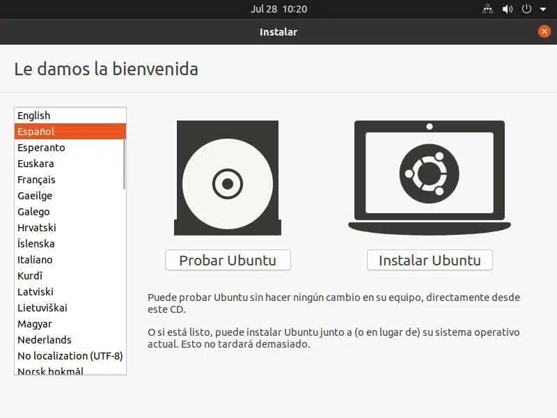 Pantalla inicial para cargar el modo Live e iniciar la instalación de Ubuntu