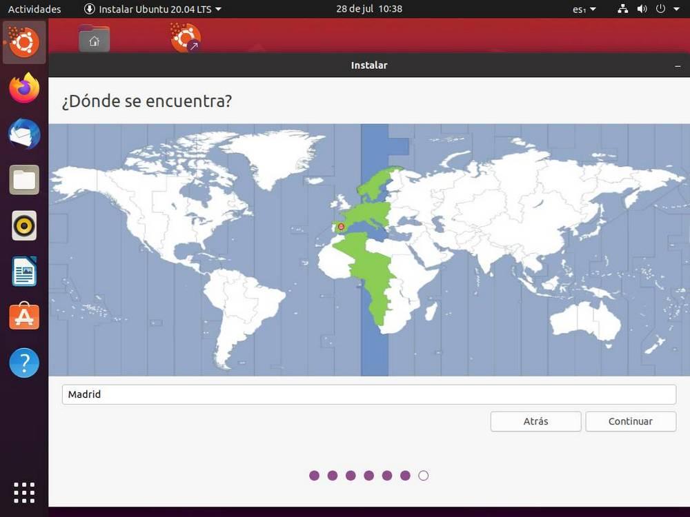 Selección de región y zona horaria durante la instalación de Ubuntu