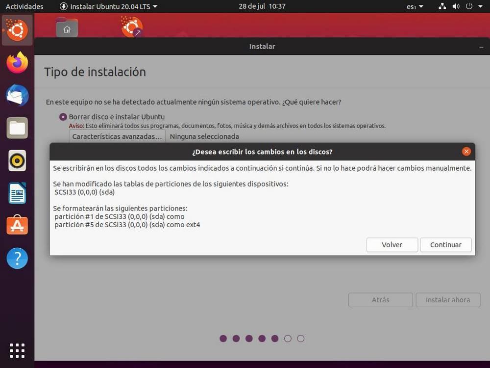 Confirmación de cambios de particiones antes de instalar Ubuntu