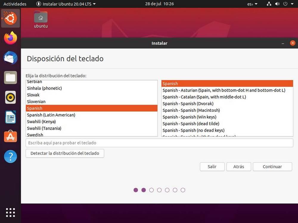Selección de distribución del teclado durante la instalación de Ubuntu
