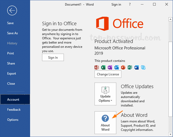 Pantalla de Cuenta en Word para ver la versión de Office instalada