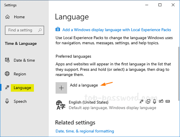 Configuración de Windows 10 mostrando el botón Agregar un idioma
