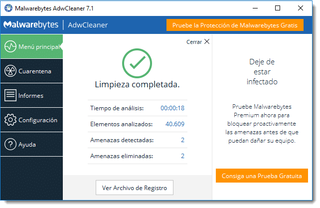 Resumen de limpieza completada en AdwCleaner