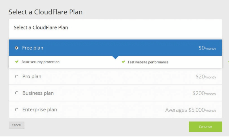 Selección de plan en Cloudflare