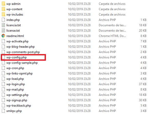 Archivo wp-config.php en el hosting