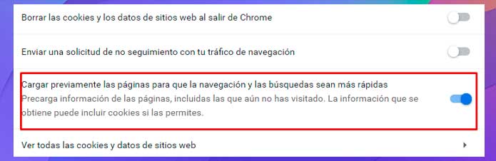 Opción de precarga de páginas en Chrome para una navegación más rápida