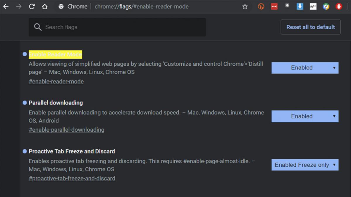 Sección de Chrome flags para activar funciones experimentales como forzar modo oscuro