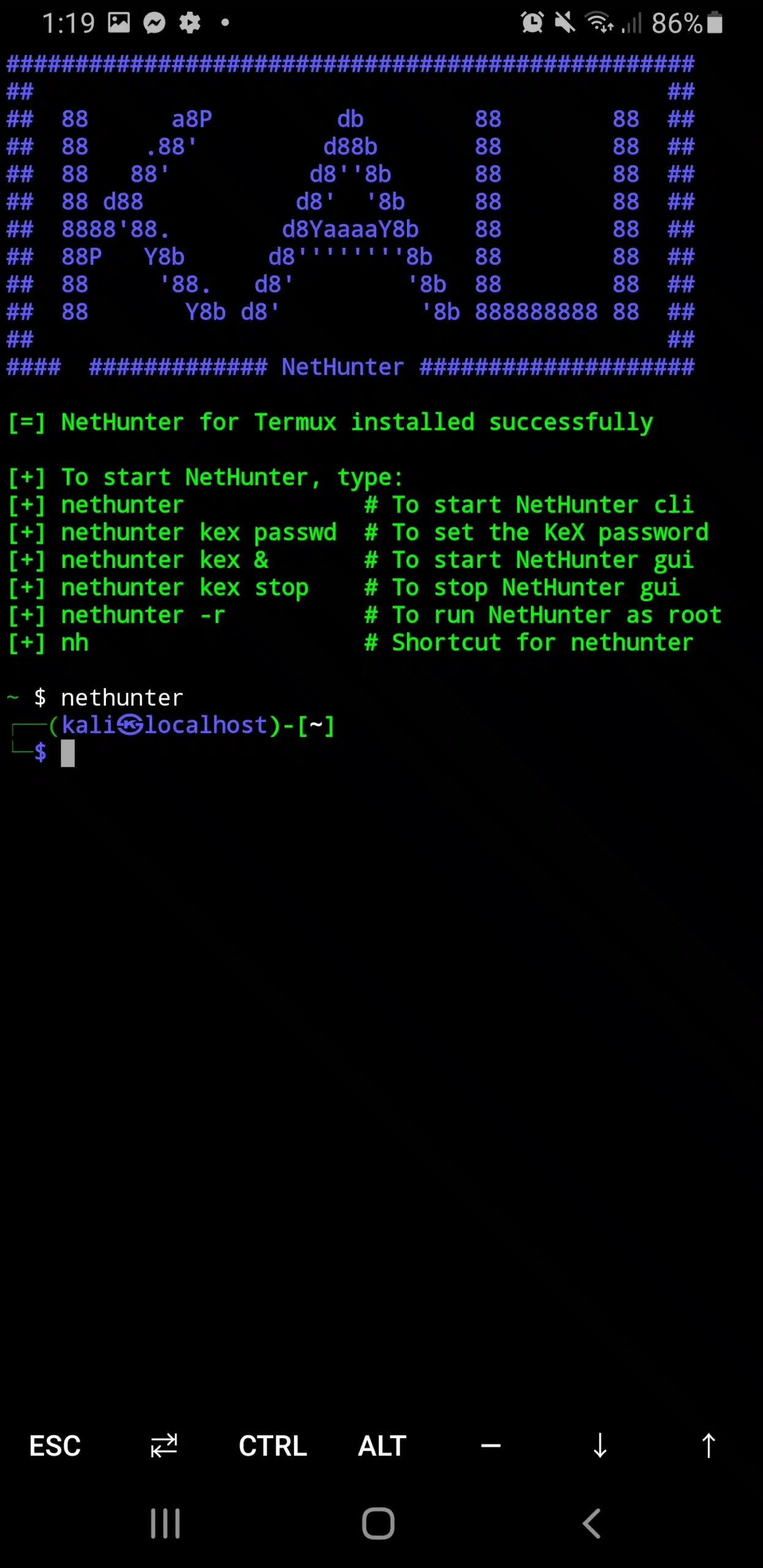 Imagen 3: Terminal de NetHunter iniciada en Android