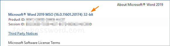 Ventana Acerca de Word mostrando versión completa y arquitectura 32 o 64 bits