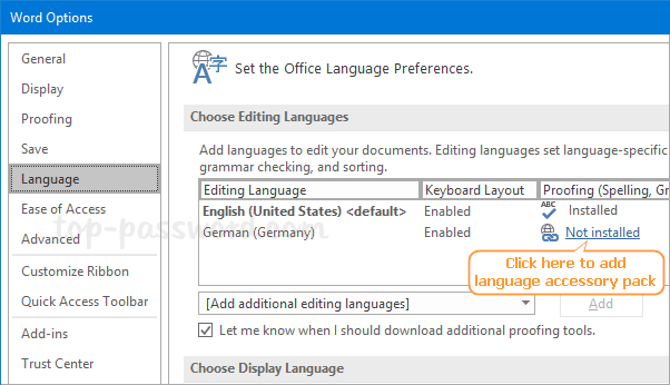 Configuración de idioma de Office mostrando Revisión como No instalado