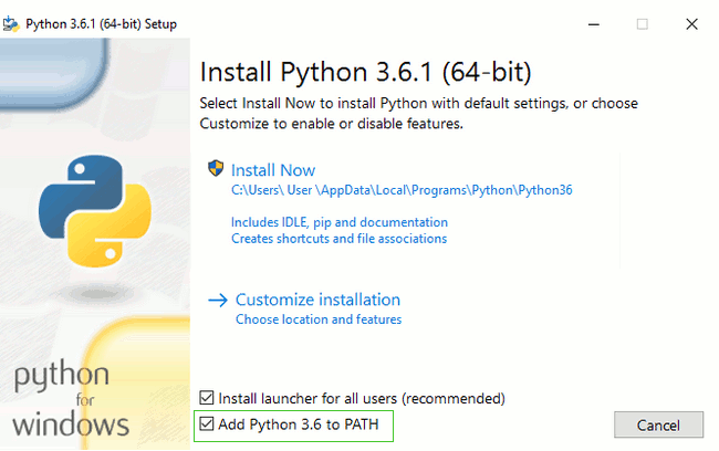 Instalador de Python en Windows con la opción Add Python to PATH marcada