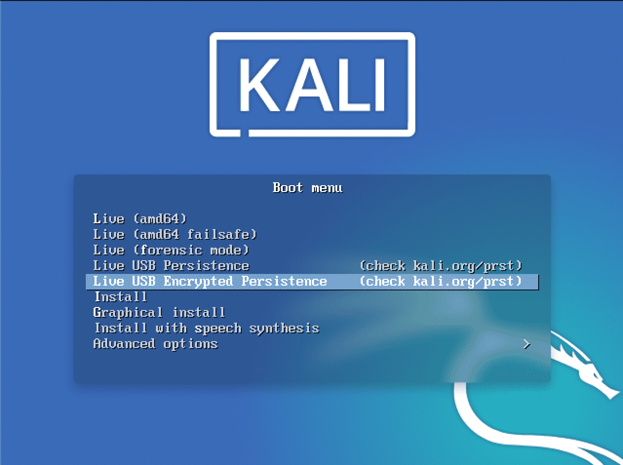 Menú de arranque de Kali Linux con opciones como Live