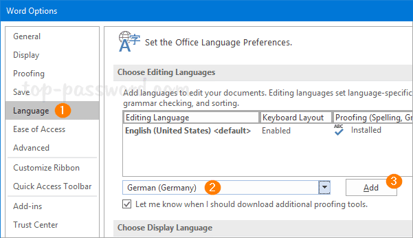 Opciones de Word con la sección Idioma para elegir idiomas de edición