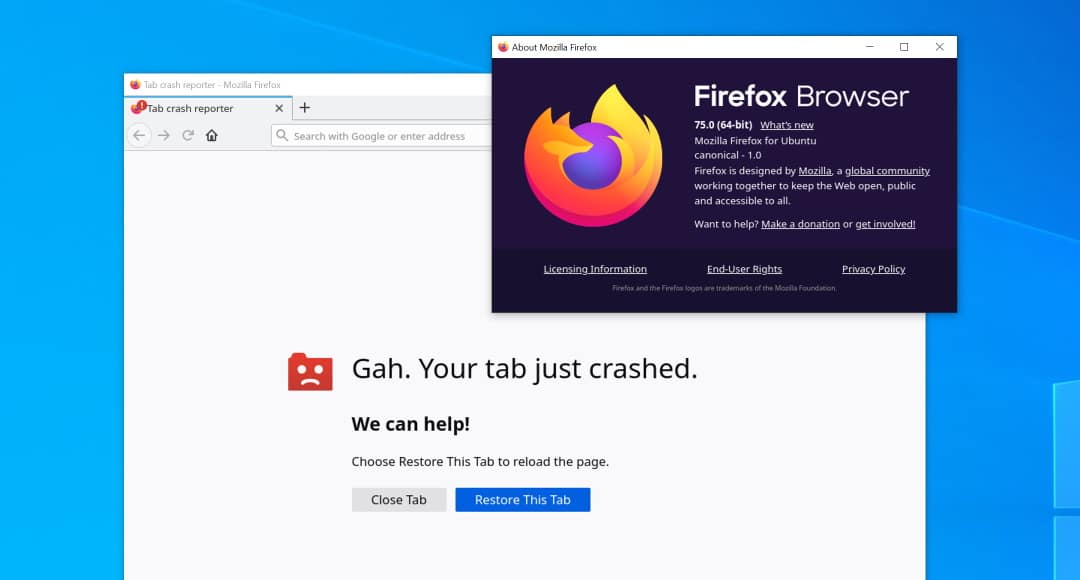 Pantalla de error Tab Crashed en Firefox