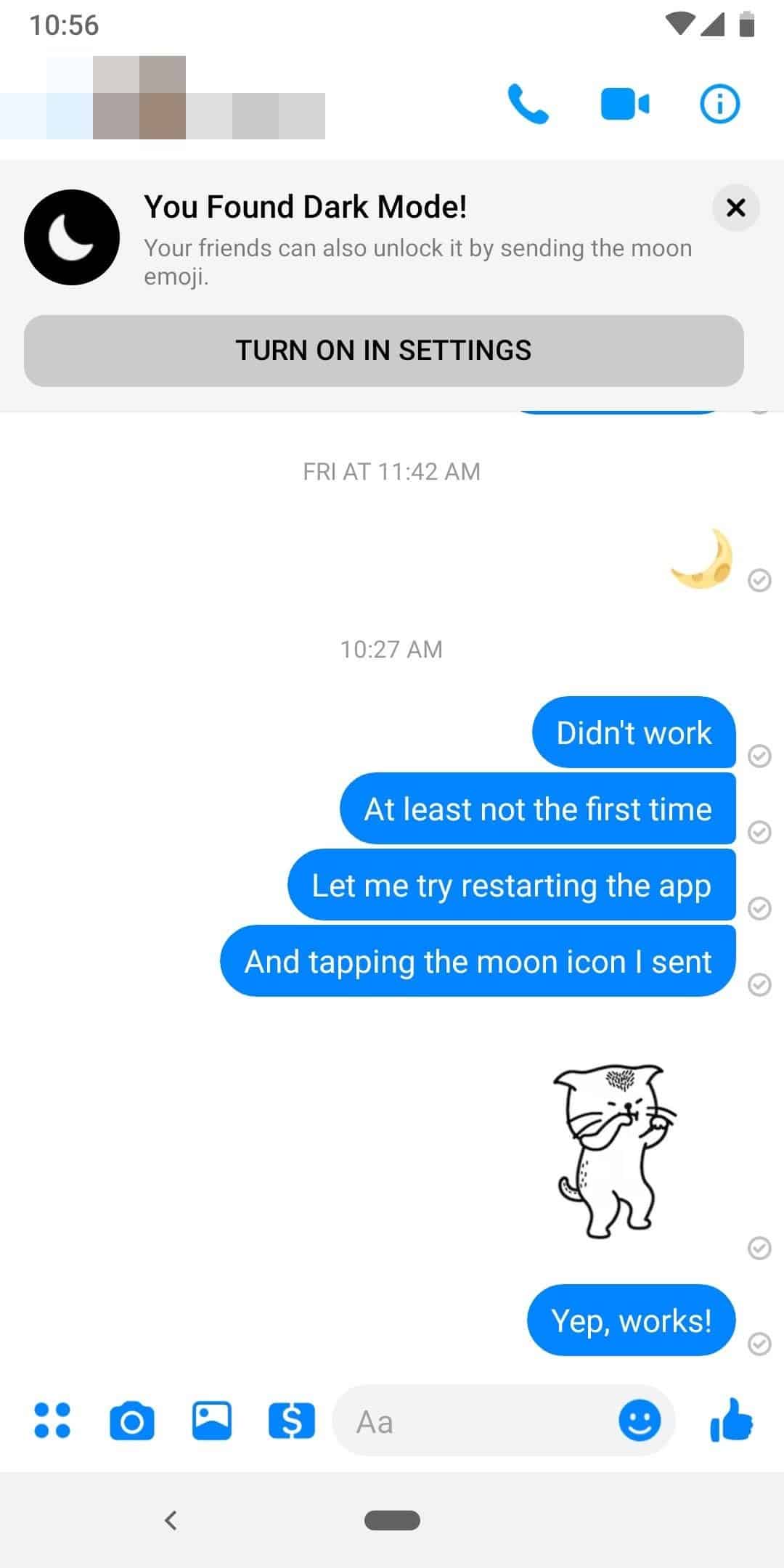 Lluvia de lunas al activar el modo oscuro oculto en Messenger