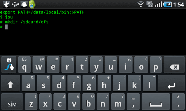 Terminal de Android mostrando creación de carpetas y copia de seguridad de archivos con comandos Linux