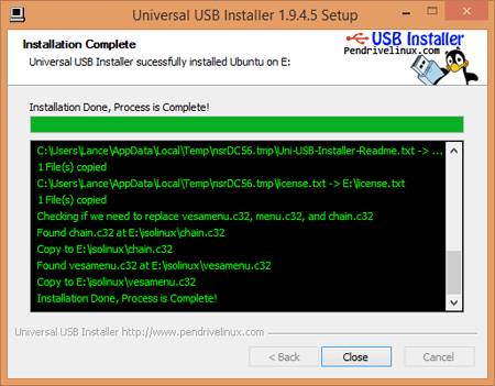Instalador USB universal - Ventana de progreso Progreso de creación de una USB booteable con Universal USB Installer