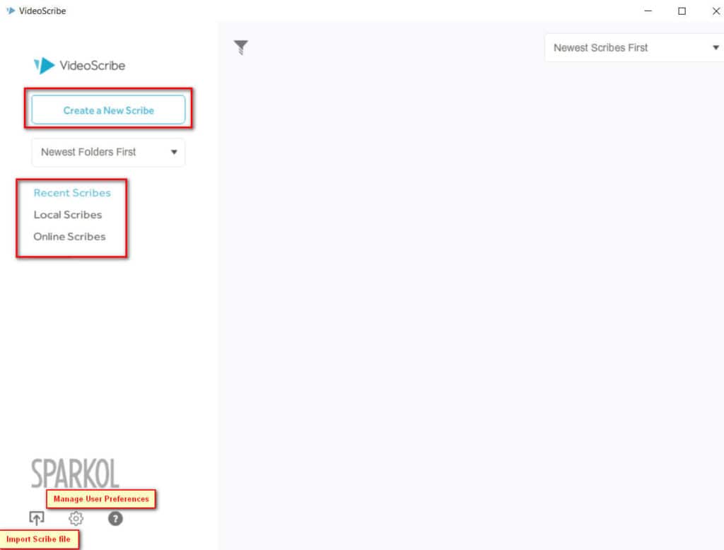 Interfaz de bienvenida de VideoScribe mostrando proyectos recientes y nuevo proyecto