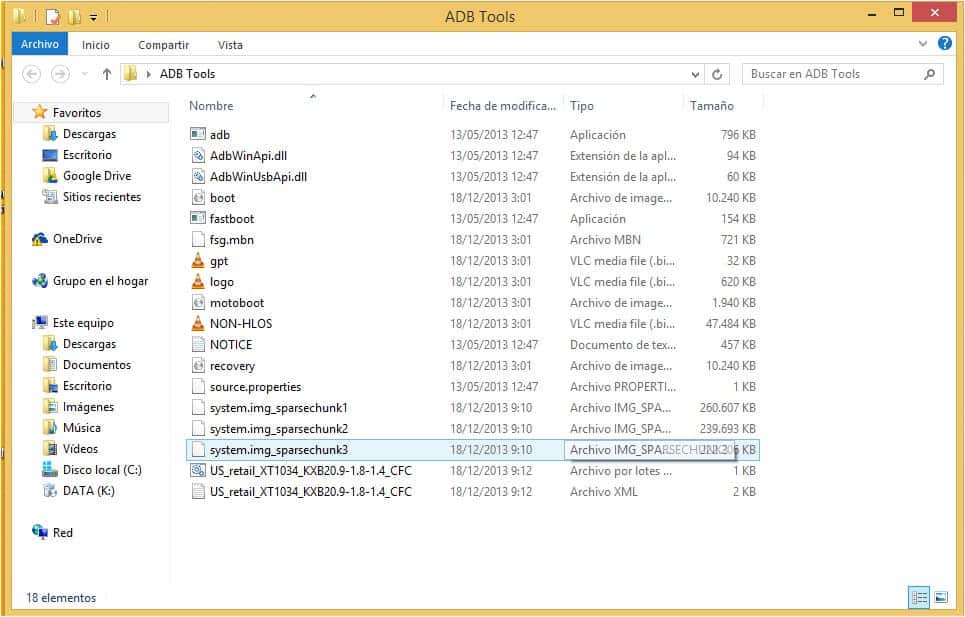 Carpeta platform-tools con archivos ROM Moto G listos para revivir con Fastboot