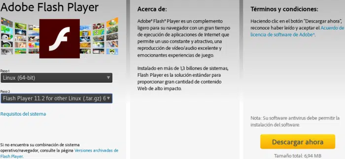 Página histórica de descarga de Adobe Flash Player
