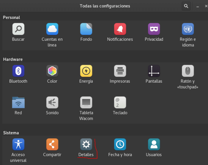 Ventana de detalles del sistema en entorno GNOME de Kali Linux