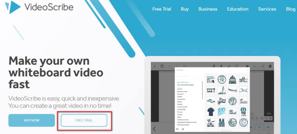 Pantalla de VideoScribe mostrando el botón de prueba gratuita