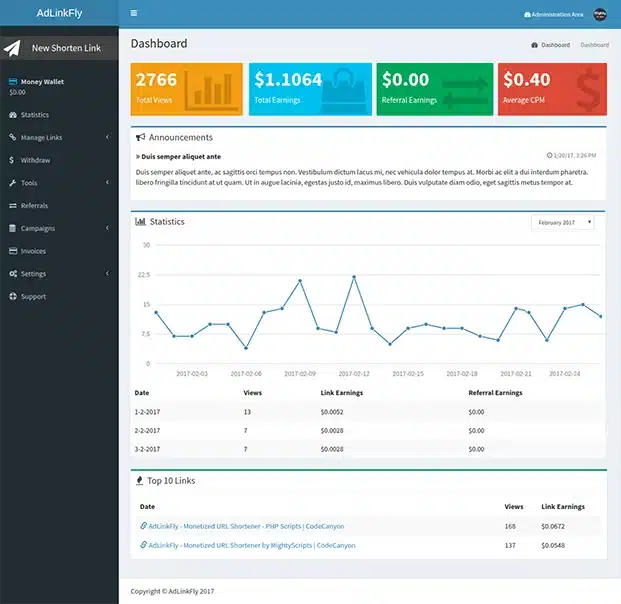 Interfaz moderna del panel de AdLinkFly