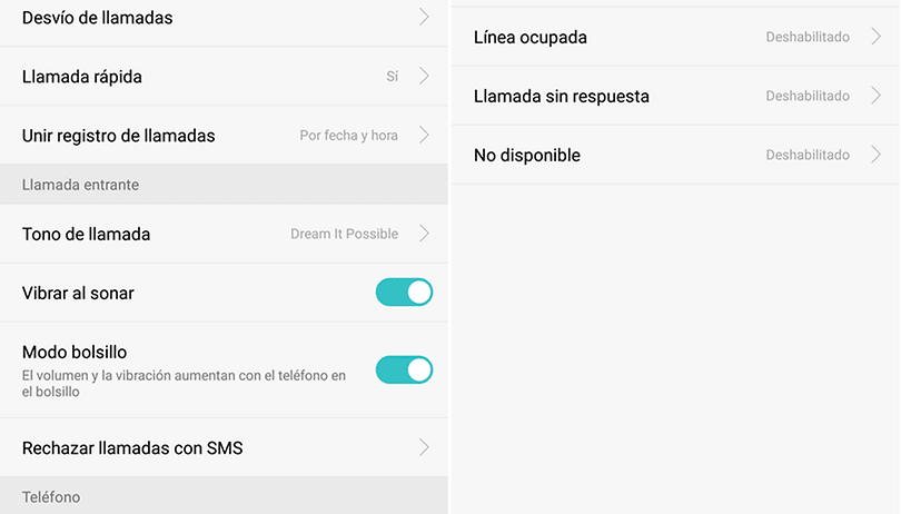 Opciones de desvío de llamadas en Android