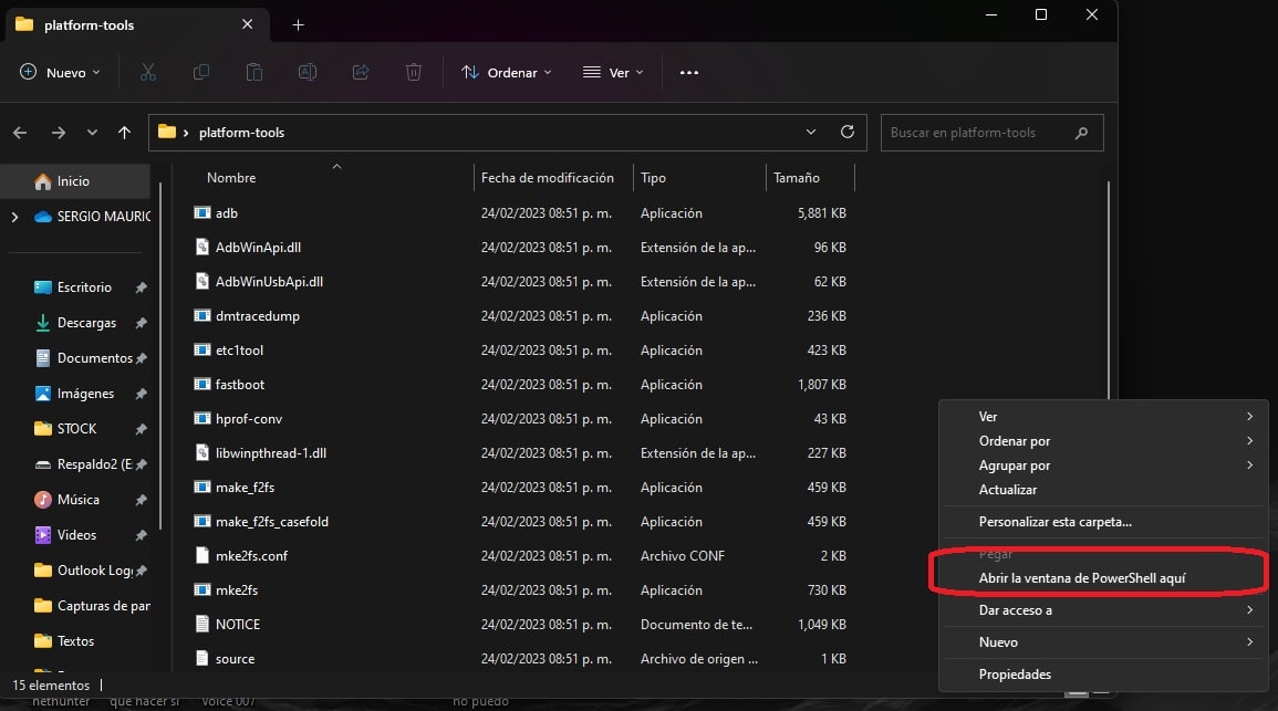 Abrir una ventana de PowerShell/Terminal en la carpeta platform-tools