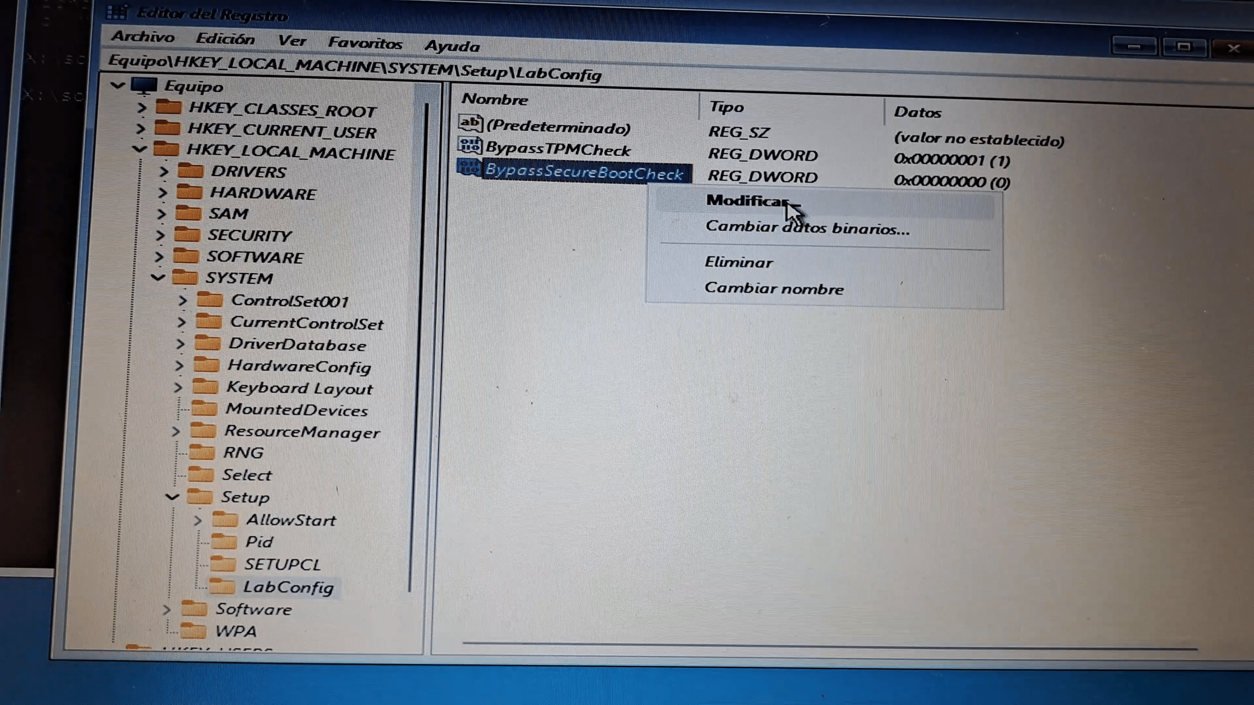 modificar valores de clave dword