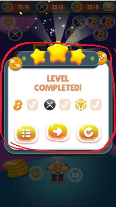 Pantalla de nivel completado con calificación de estrellas