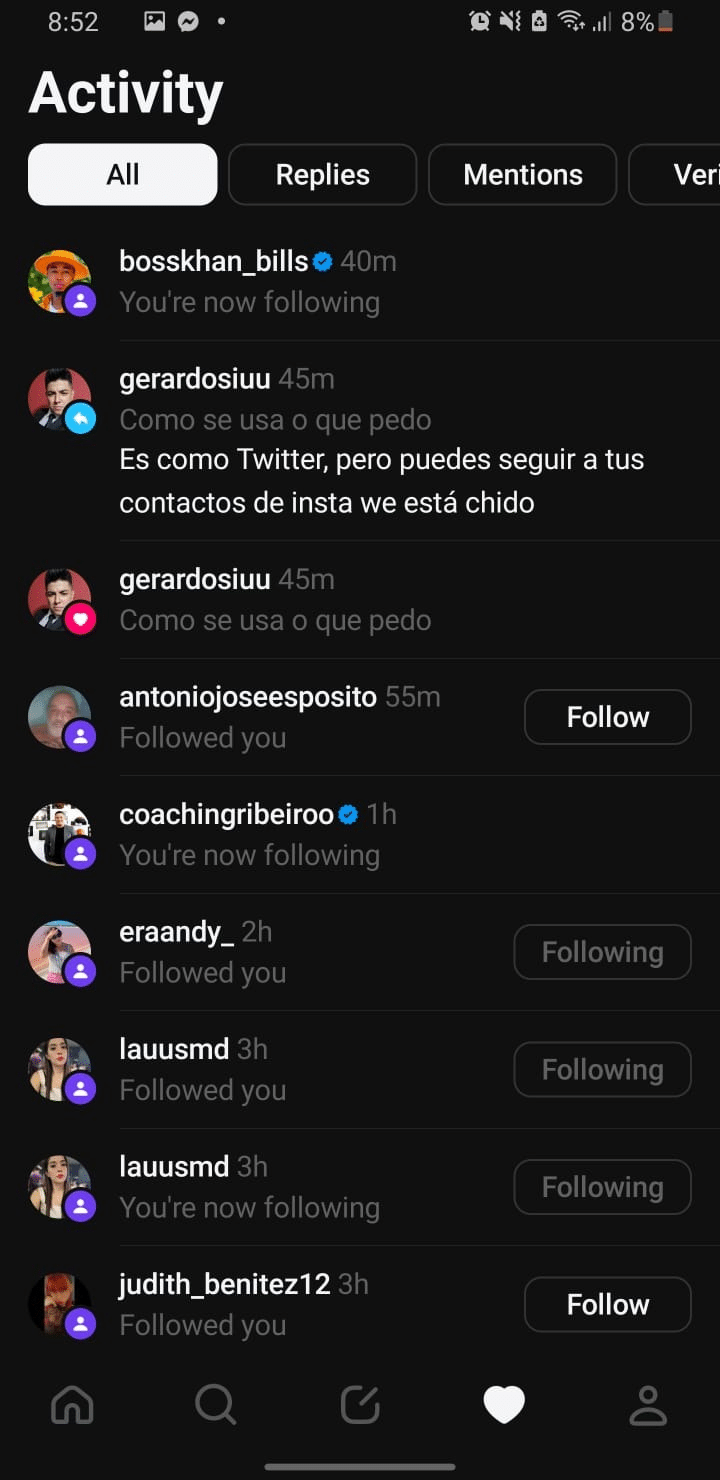 Pestaña de actividad en Threads con notificaciones