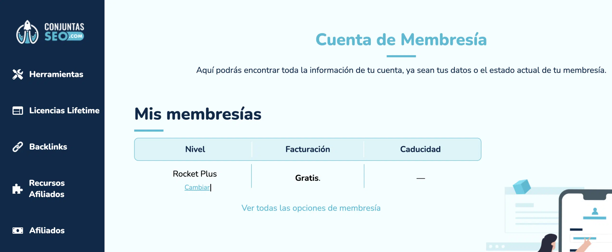 Menú lateral con secciones de herramientas, licencias y recursos