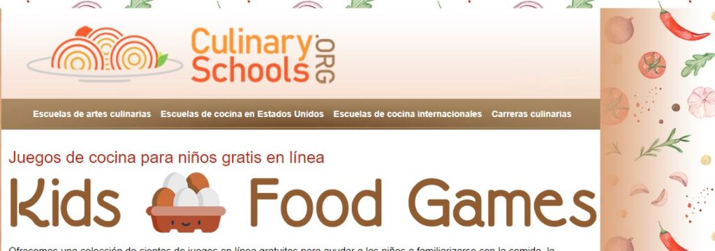 Portada de CulinarySchools.org con enfoque en juegos y educación culinaria