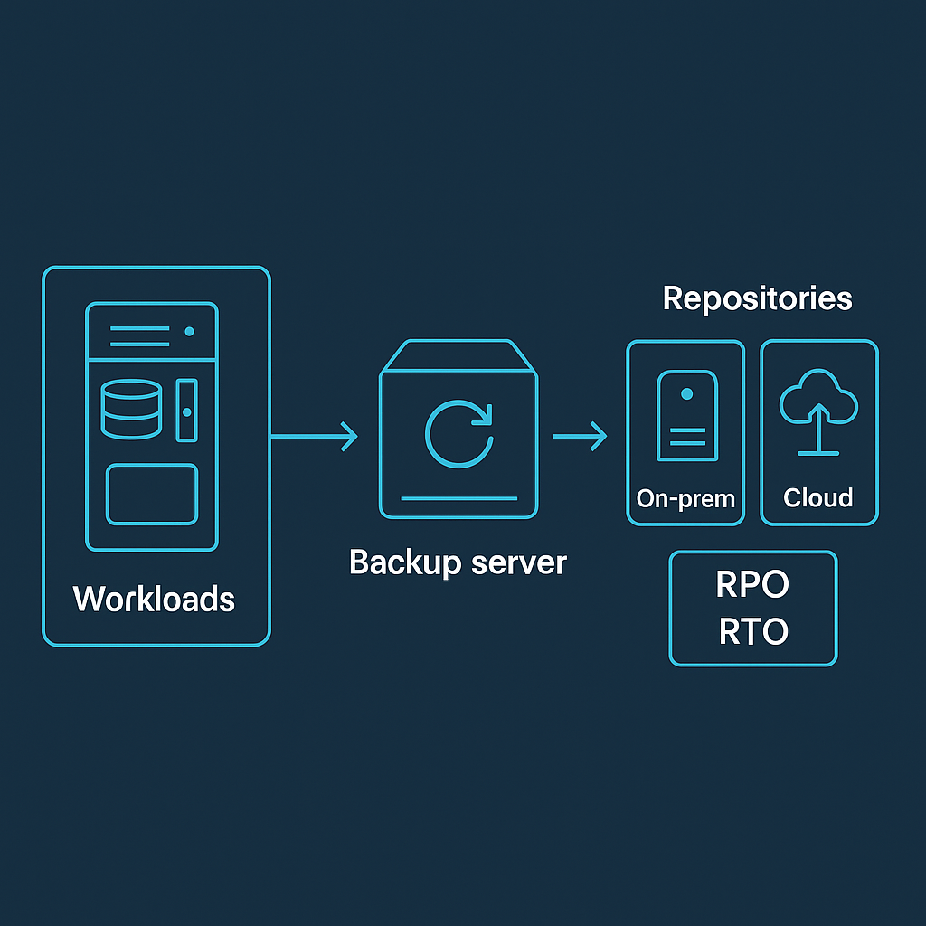 Flujo de respaldo y recuperación: cargas → servidor de backup → repositorios on-prem y nube (RPO/RTO)