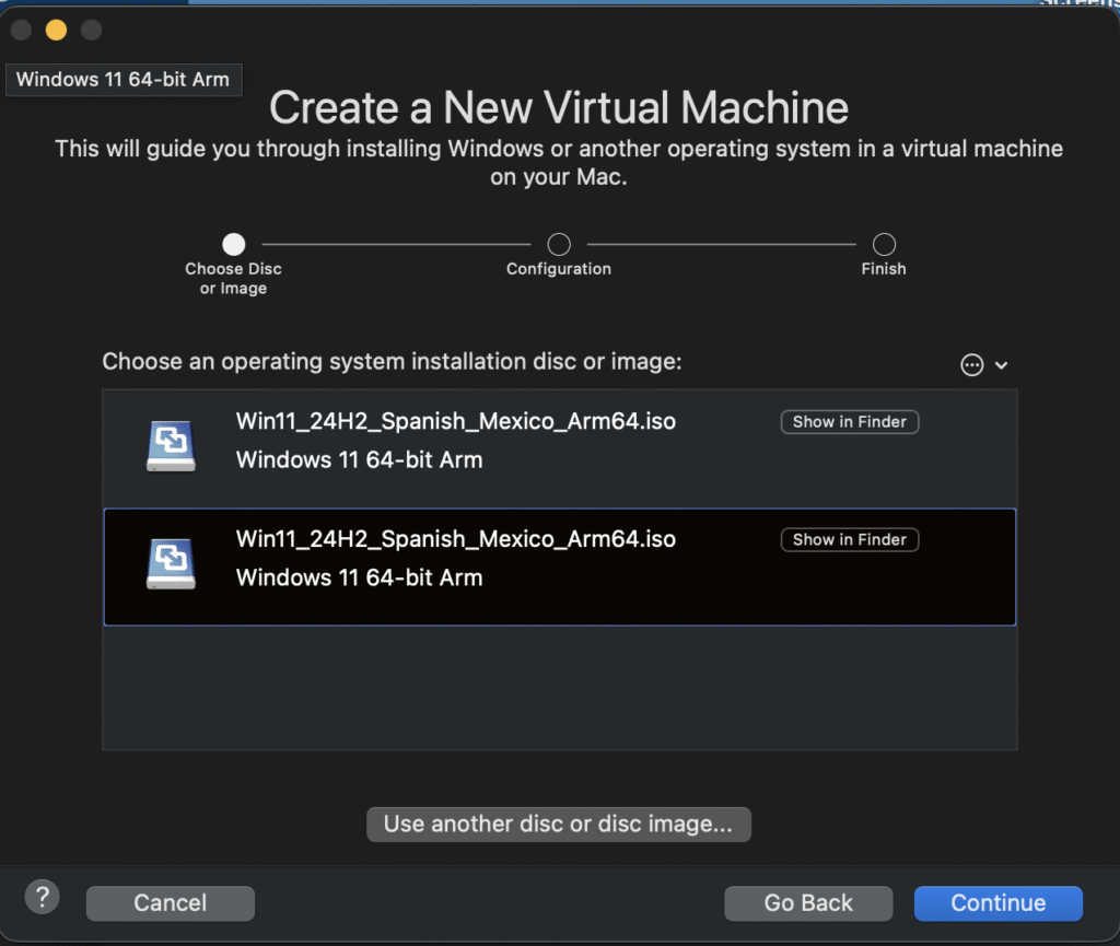 Abrir VMware Fusion y cargar ISO ARM