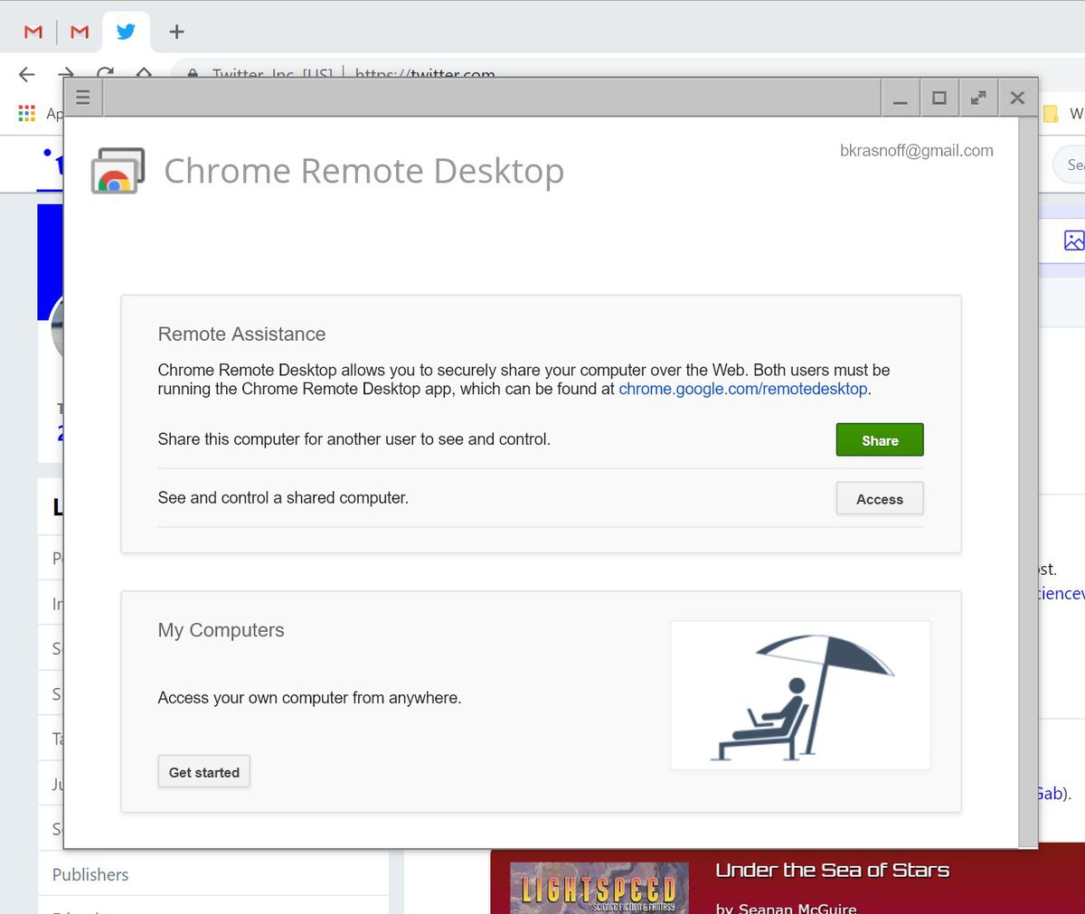 Pantalla principal de Chrome Remote Desktop en el navegador