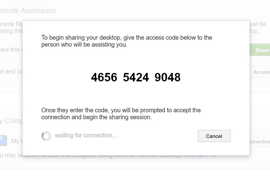 Código generado en Chrome Remote Desktop para brindar asistencia