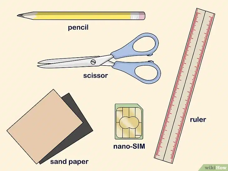 Materiales para la guía de recorte SIM: tijeras, regla, lápiz, lima y nano SIM de referencia
