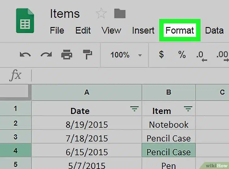 Abrir el menú Formato en Google Sheets
