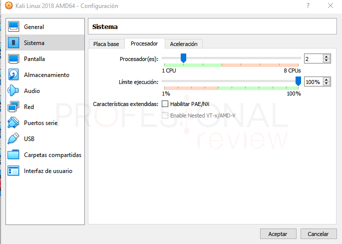 Configurar CPU núcleos Kali Linux VirtualBox