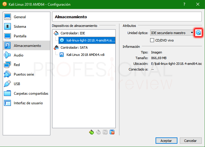 Montar ISO Kali Linux VirtualBox almacenamiento