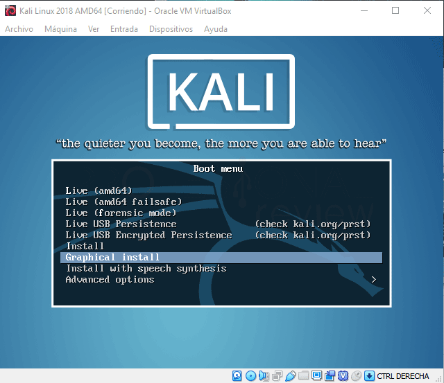 Menú instalación Kali Linux VirtualBox Graphical Install