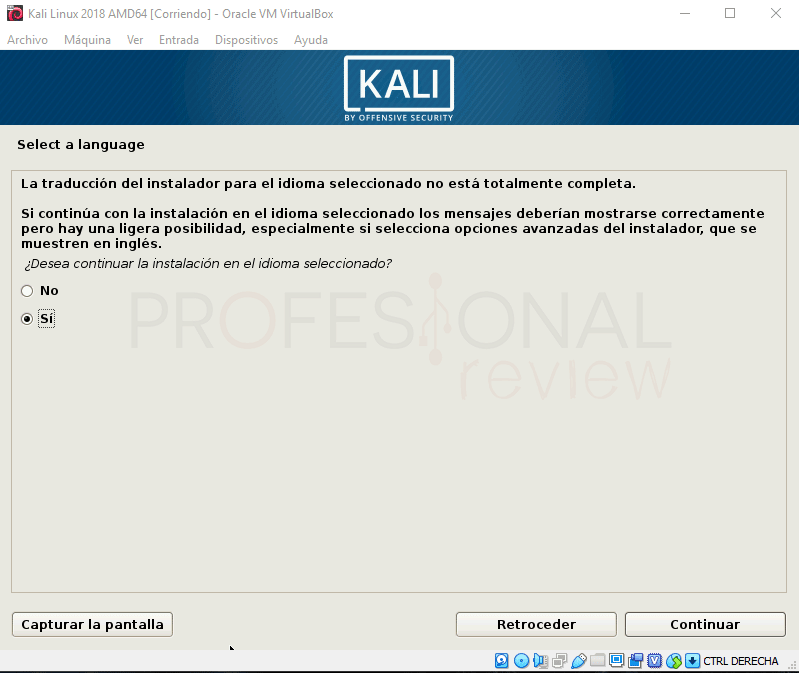 Seleccionar idioma instalador Kali Linux VirtualBox