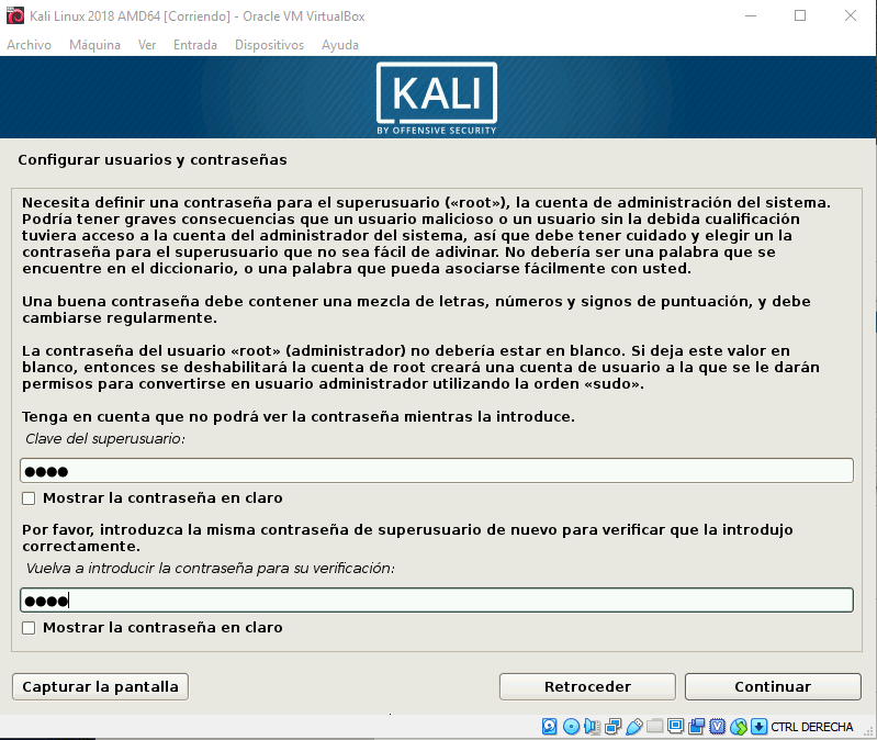 Crear usuario contraseña Kali Linux VirtualBox instalación